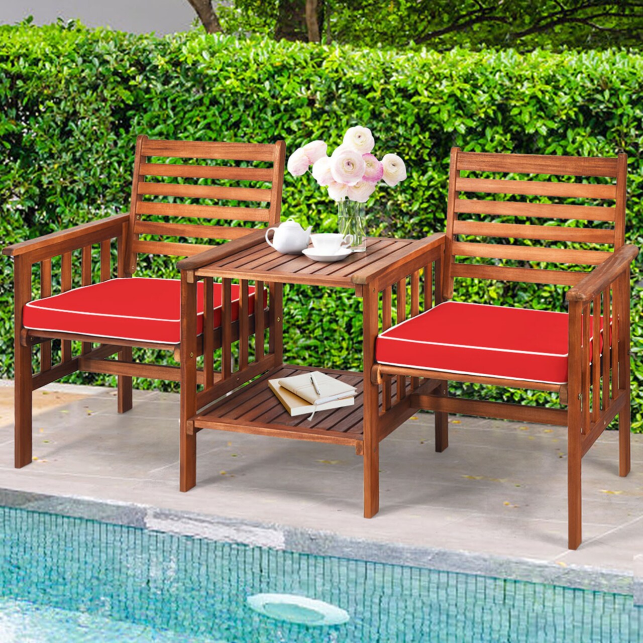 Gymax Acacia Wood Loveseat Patio Outdoor Conversation Set w Table Red Cushion